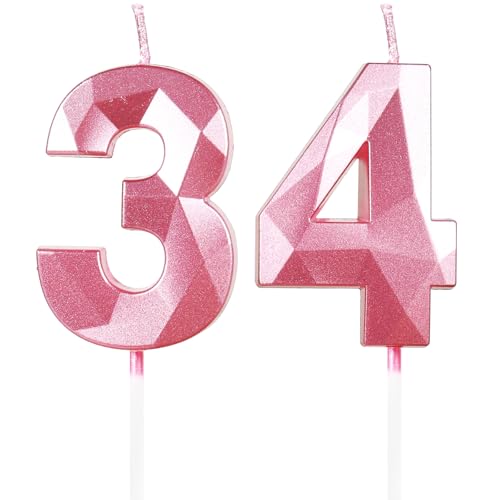 Yiran Velas de Cumpleaños 34 Años Rosa, Decoraciones para Hombres y Mujeres, Número 34 3D para...
