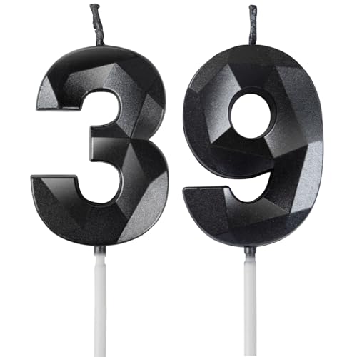 Yiran Velas de Cumpleaños 39 Años Negro, Decoraciones para Hombres y Mujeres, Número 39 3D para...