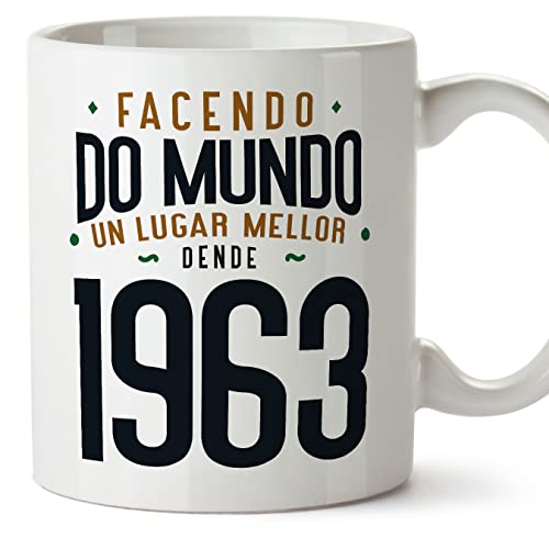 MUGFFINS Tazas 1963 Cumpleaños - En Gallego - Facendo do Mundo un Lugar Mellor - 11 oz / 330 ml -...