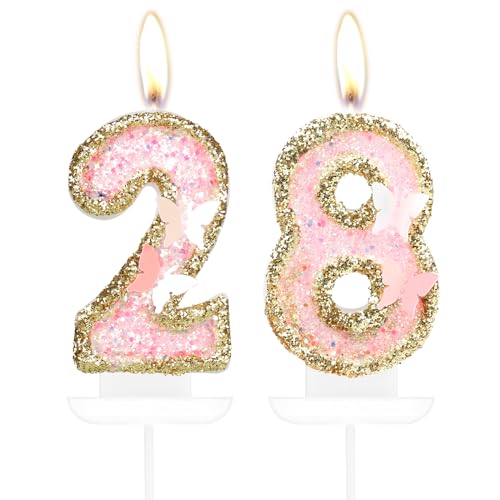 Velas de mariposa con el número 28, velas de cumpleaños número 28 rosa para pastel, decoración...