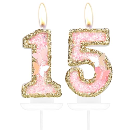 Velas de mariposa con el número 15 de 15 cumpleaños, velas de oro rosa para tartas, decoraciones...