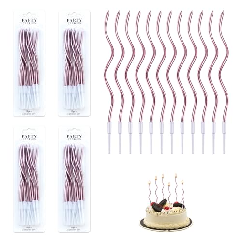 48 Velas Cumpleaños Espiral Oro Rosa Retorcidas, Velas Metálicas para Cupcakes Largas en Espiral...