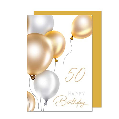 Edition Seidel Tarjeta de felicitación de 50 cumpleaños premium con sobre. Tarjeta de felicitación Billet Happy Birthday para mujer hombre adolescentes oro globos (GZ349-50 SW023)
