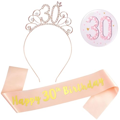 Xrten Fajín y Tiara para Niña de 30th Cumpleaños, Cinta decorativa de Cumpleaños y Tiara de oro...