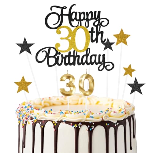 Ainiv 30 Decoracion Tartas Cumpleaños, Negro y Dorado 30 Velas Cumpleaños Numeros para Mujeres y...