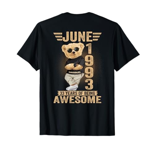 (En la Parte Trasera) 33 de Junio cumpleaños Hombres Mujeres 1993 Oso de Peluche Camiseta
