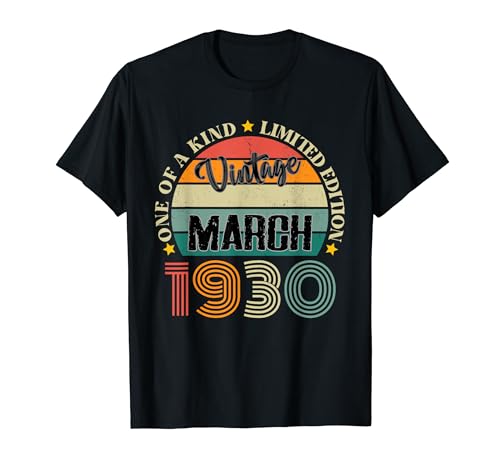94 Años Vintage Marzo 1930 94 Cumpleaños Retro Camiseta