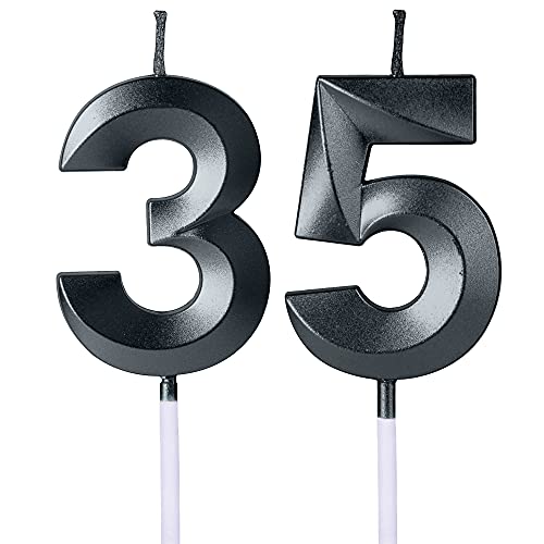 Velas negras de 35 y 53 cumpleaños para pasteles, número 35 53 con purpurina para decoración de...