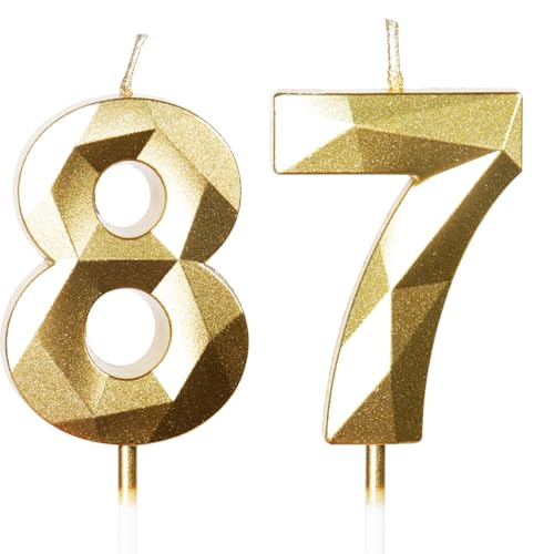 Yiran Velas de cumpleaños número 87, velas doradas con el número 87, decoraciones para tartas...