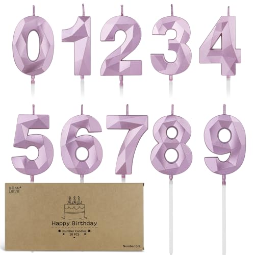 BEAN LIEVE Juego de 10 velas con números del 0 al 9, velas de cumpleaños cortadas con diamante,...
