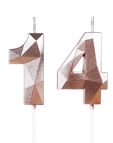 3D Velas de 14 cumpleaños, vela número 14, velas oro rosa,vela de cumpleaños para pasteles, vela...