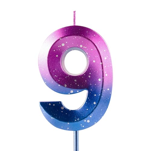 Velas con el número 9 para 9º cumpleaños, galaxia, degradado, feliz cumpleaños, morado y azul,...