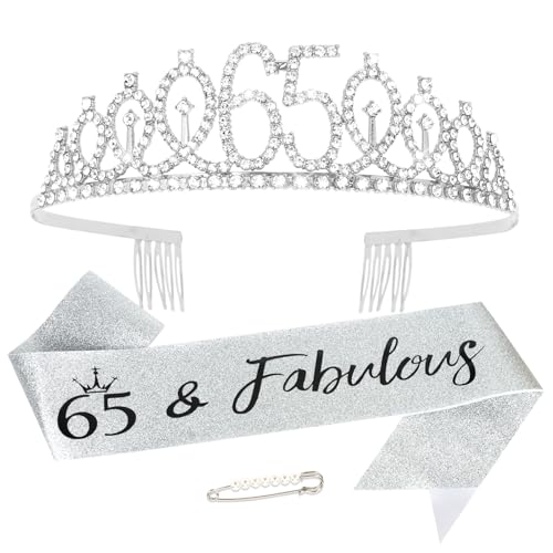 Juego de banda y corona de 65 cumpleaños para mujer, tiara y banda de 65 cumpleaños, regalos para...