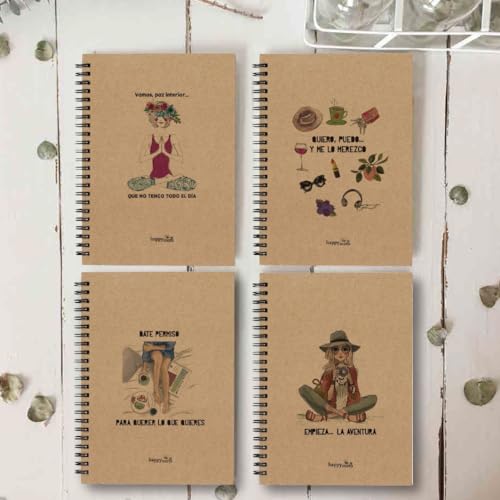 HappyMots Pack Agenda Personal Bloc de notas| 4 Cuadernos A5 - Libretas bonitas Kraft | Viene en una...