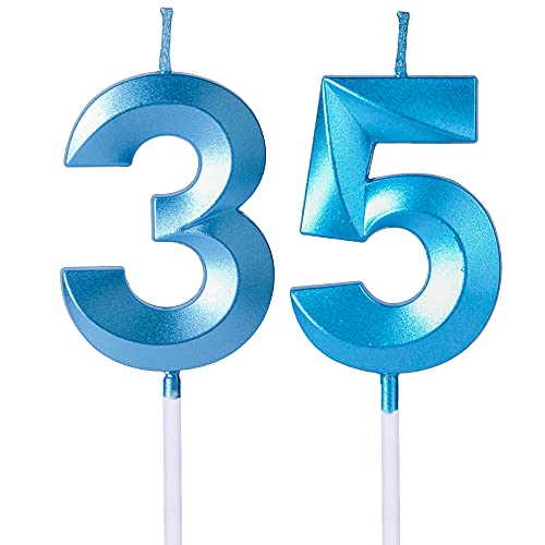 Velas azules de 35 y 53 cumpleaños para pasteles, número 35 y 53 con purpurina para decoración de...