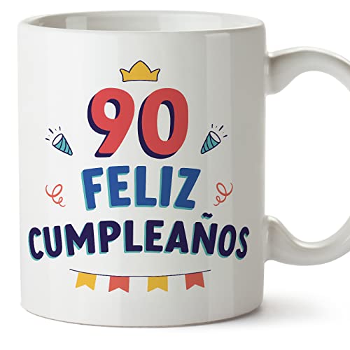 MUGFFINS Tazas 90 Cumpleaños - En Español - ¡Feliz Cumpleaños! - 11 oz / 330 ml - Regalo original y divertido