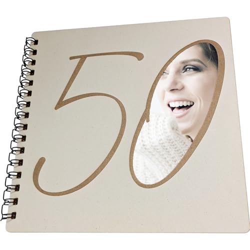 Libro de fotos de madera o libro de invitados con corte grande 50 en la parte delantera de...