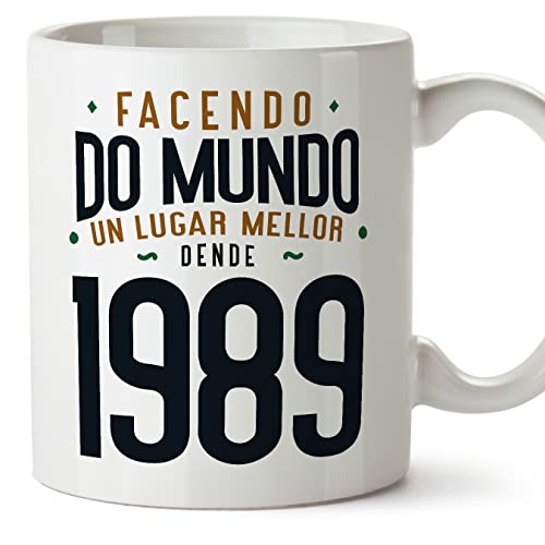 MUGFFINS Tazas 1989 Cumpleaños - En Gallego - Facendo do Mundo un Lugar Mellor - 11 oz / 330 ml -...