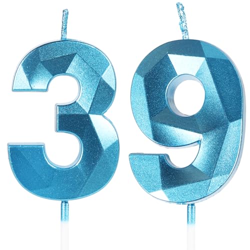 Velas de Cumpleaños 39 Años Azul, Decoraciones para Hombres y Mujeres, Número 39 3D para Tarta,...