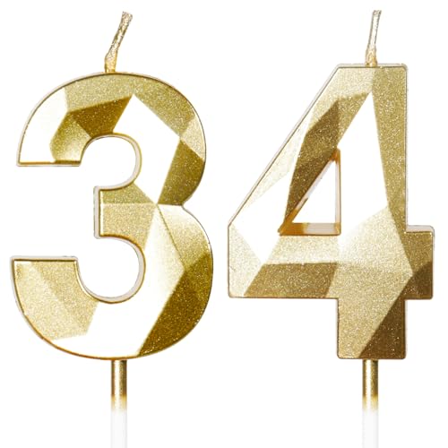 Yiran Velas de Cumpleaños 34 Años Dorado, Decoraciones para Hombres y Mujeres, Número 34 3D para...