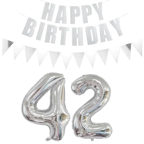 Globos con número 42 de plata + guirnalda de feliz cumpleaños + pancarta globo de papel de...