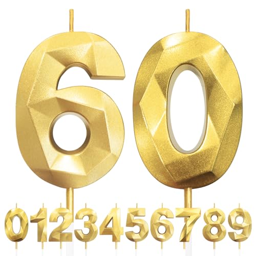 Velas de 60 cumpleaños Dorado, 3D Velas Número 60, Vela de Cumpleaños para Pasteles, Vela de...