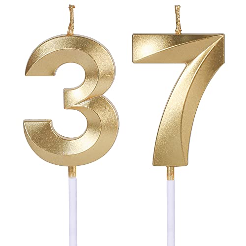 Velas doradas de 37 y 73 cumpleaños para tartas, número 37 73 vela para decoración de tartas para...