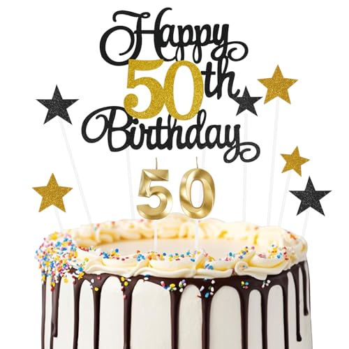 Ainiv 50 Decoracion Tartas Cumpleaños, Negro y Dorado 50 Velas Cumpleaños Numeros para Mujeres y...
