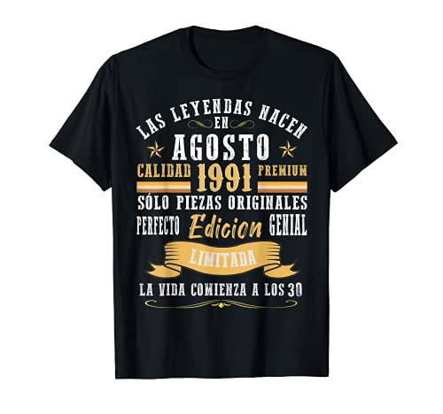 Leyendas Agosto 1991 30 Años Cumpleaños Hombre Mujer Retro Camiseta