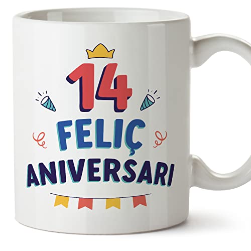 MUGFFINS Tazas 14 Cumpleaños - En Catalán - Feliç Aniversari! - 11 oz / 330 ml - Regalo original...