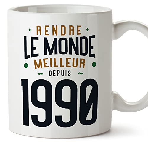 MUGFFINS Tazas 1990 Cumpleaños - En Francés - Rendre le Monde Meilleur - 11 oz / 330 ml - Regalo...