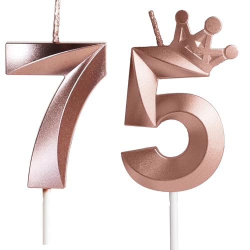 Vela de cumpleaños Con corona, número 75-2.36 pulgadas, color oro rosa, 2 unidad, Velas...
