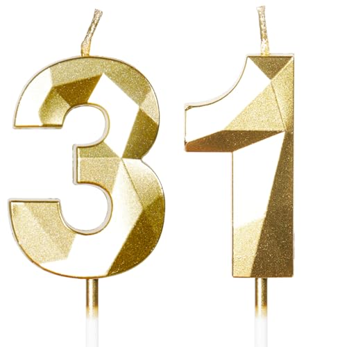 Yiran Velas de Cumpleaños 31 Años Dorado, Decoraciones para Hombres y Mujeres, Número 31 3D para...