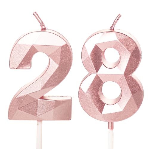 Velas de cumpleaños número 28, velas de cumpleaños número 28 de color oro rosa, decoración de...