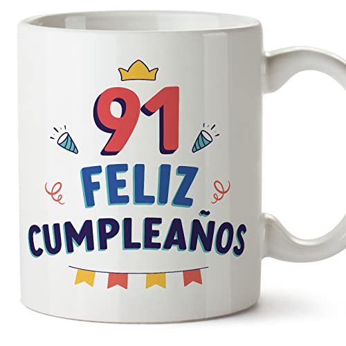 MUGFFINS Tazas 91 Cumpleaños - En Español - ¡Feliz Cumpleaños! - 11 oz / 330 ml - Regalo original y divertido