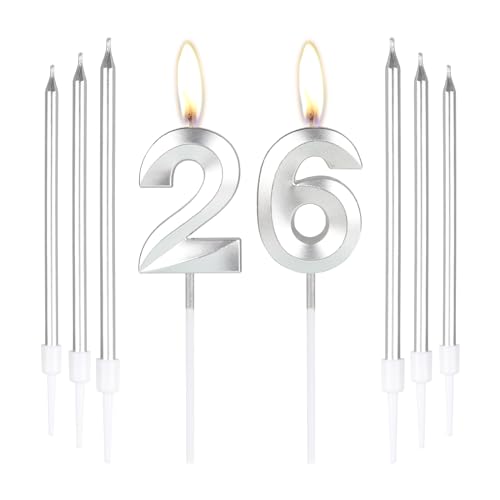 Plata 26 velas de cumpleaños-3D Número 26 vela para pastel con 6 piezas largas velas Set,Plata...