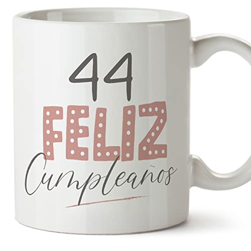 MUGFFINS Tazas 44 Cumpleaños - En Español - ¡Feliz Cumpleaños! Rosa - 11 oz / 330 ml - Regalo original y divertido