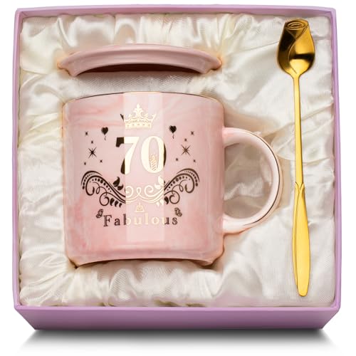 WXYTXHYQ Regalos 70 Años Taza de Cerámica Jaspeada Rosa, 70 Cumpleaños Regalo Mujer 70 Años,...