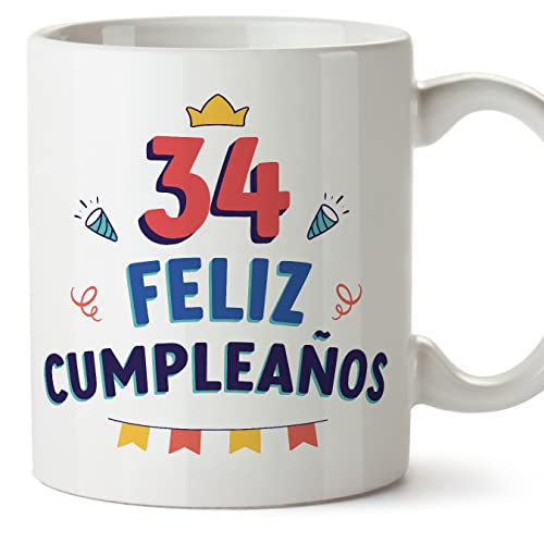 MUGFFINS Tazas 34 Cumpleaños - En Español - ¡Feliz Cumpleaños! - 11 oz / 330 ml - Regalo...