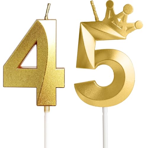 Velas para 45º cumpleaños, vela número 45, velas doradas, vela de cumpleaños para tarta con...