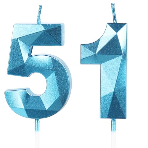 Velas de Cumpleaños 51 Años Azul, Decoraciones para Hombres y Mujeres, Número 51 3D para Tarta,...