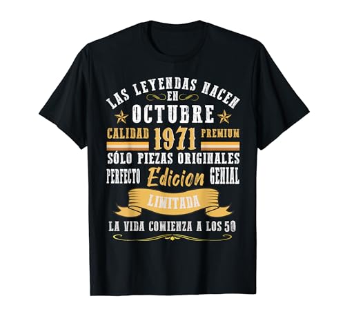 Leyendas Octubre 1971 50 Años Cumpleaños Hombre Mujer Retro Camiseta