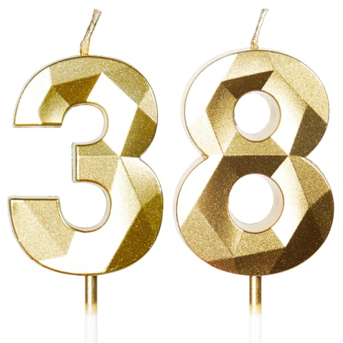 Yiran Velas de Cumpleaños 38 Años Dorado, Decoraciones para Hombres y Mujeres, Número 38 3D para...