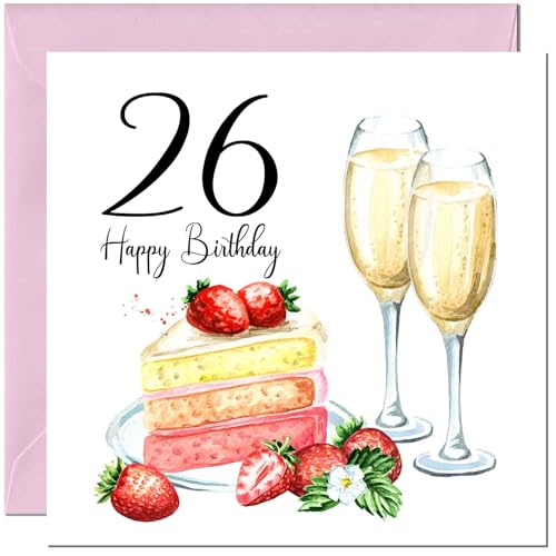 Tarjeta de cumpleaños número 26 para mujer – Fresas y pastel – Tarjetas de cumpleaños para...