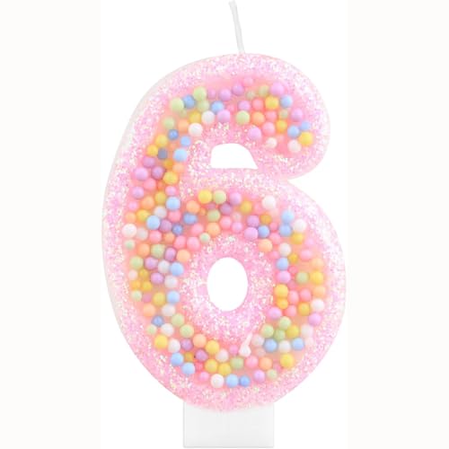 Bessy shop Velas de Cumpleaños,Vela Número 6 Rosa Macarrón con Glitter 3D para Tartas,Velas 3D...