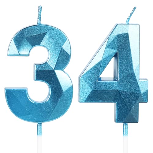 Velas de Cumpleaños 34 Años Azul, Decoraciones para Hombres y Mujeres, Número 34 3D para Tarta,...