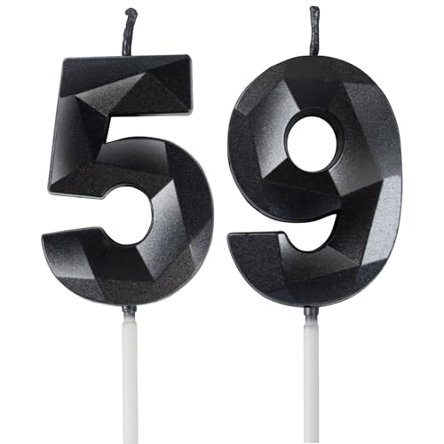 Velas de Cumpleaños 59 Años Negro, Decoraciones para Hombres y Mujeres, Número 59 3D para Tarta,...