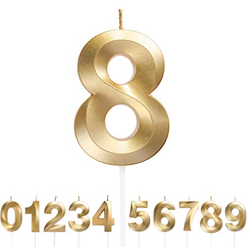 URAQT Velas de Números 8 para Cumpleaños y Aniversario de Bodas, Número Dorado 0-9 para Elegir -...