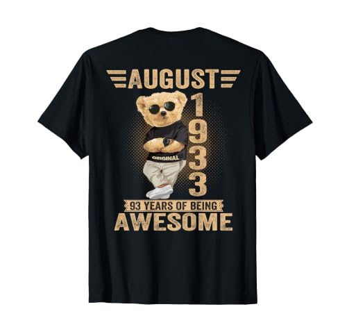 (En la Parte Trasera) Agosto 93 Cumpleaños Hombres Mujeres 1933 Oso de Peluche Camiseta