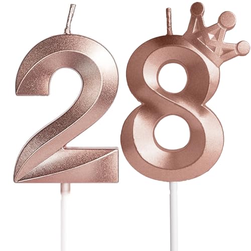 Vela de Cumpleaños Con Corona, Número 28 Oro Rosa, Velas Cumpleaños Divertidas, Velas de Pastel...